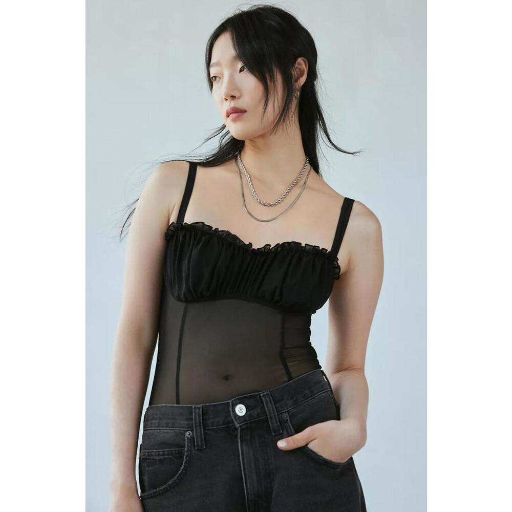 Urban Outfitters Out From Under Black Ruched Sheer Mesh Bodysuit SMALL NWT